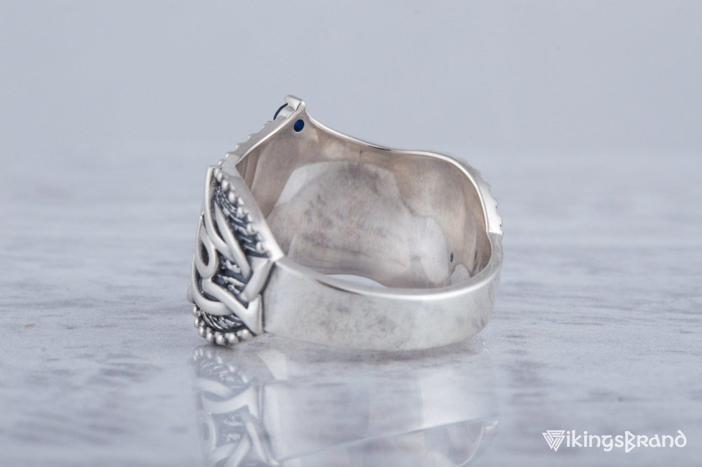 Vikings Helm of Awe Symbol with Norse Ornament and CZ Sterling Silver Viking Ring