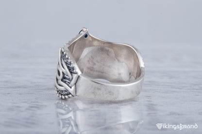 Vikings Helm of Awe Symbol with Norse Ornament and CZ Sterling Silver Viking Ring
