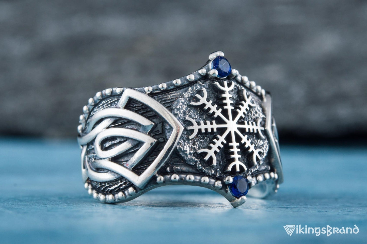 Vikings Helm of Awe Symbol with Norse Ornament and CZ Sterling Silver Viking Ring