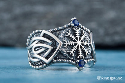 Vikings Helm of Awe Symbol with Norse Ornament and CZ Sterling Silver Viking Ring