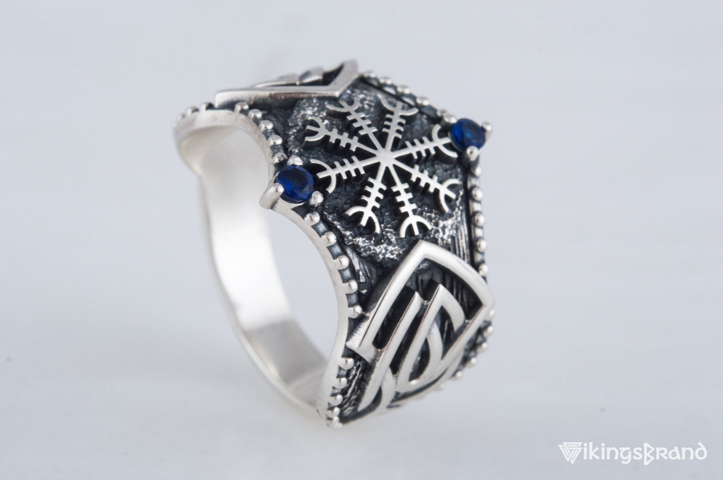 Vikings Helm of Awe Symbol with Norse Ornament and CZ Sterling Silver Viking Ring