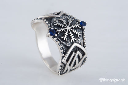 Vikings Helm of Awe Symbol with Norse Ornament and CZ Sterling Silver Viking Ring