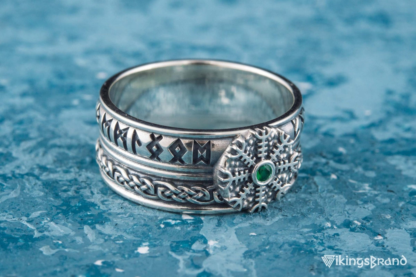Vikings Helm of Awe Symbol with Runes Ornament and CZ Sterling Silver Viking Ring