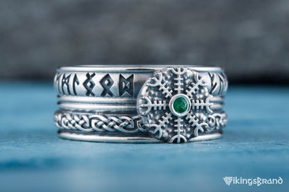 Vikings Helm of Awe Symbol with Runes Ornament and CZ Sterling Silver Viking Ring