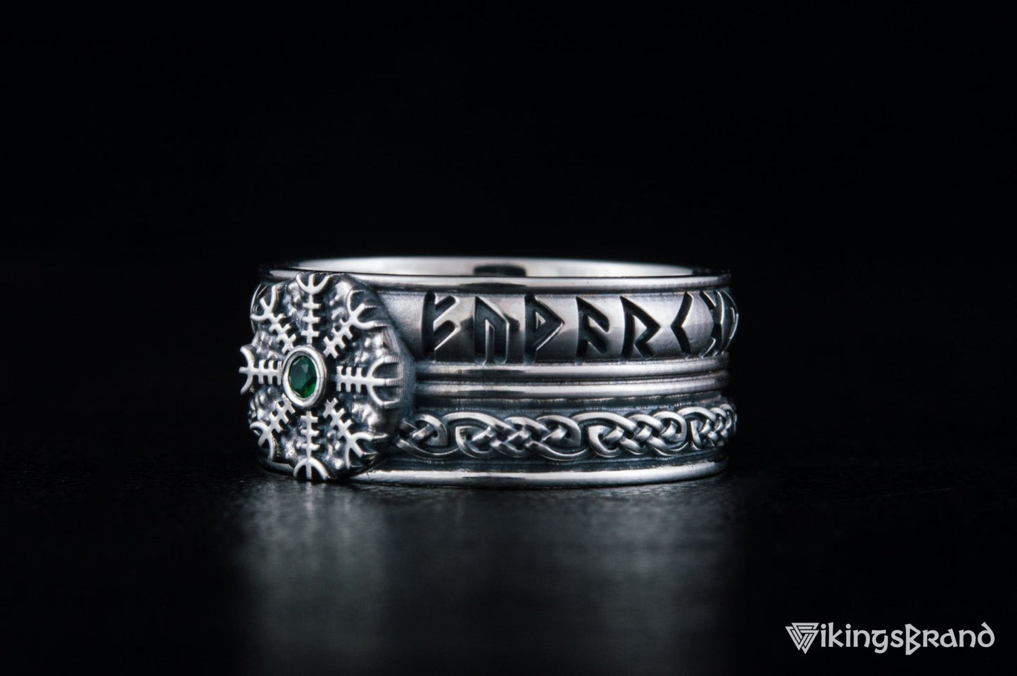 Vikings Helm of Awe Symbol with Runes Ornament and CZ Sterling Silver Viking Ring