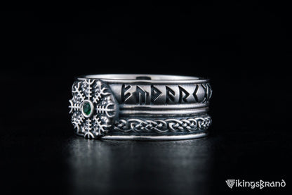 Vikings Helm of Awe Symbol with Runes Ornament and CZ Sterling Silver Viking Ring