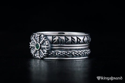 Vikings Helm of Awe Symbol with Runes Ornament and CZ Sterling Silver Viking Ring