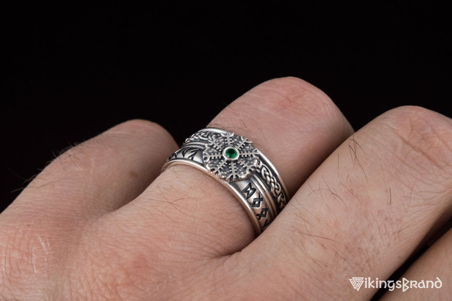 Vikings Helm of Awe Symbol with Runes Ornament and CZ Sterling Silver Viking Ring