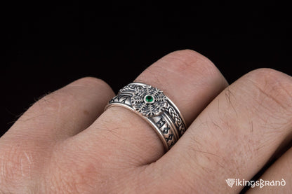 Vikings Helm of Awe Symbol with Runes Ornament and CZ Sterling Silver Viking Ring