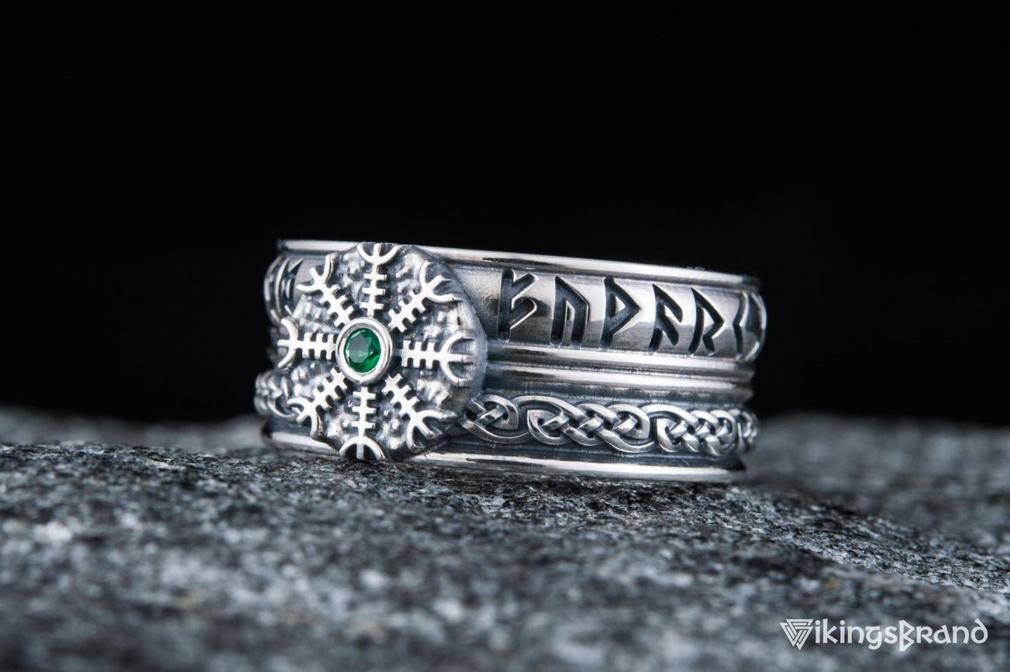 Vikings Helm of Awe Symbol with Runes Ornament and CZ Sterling Silver Viking Ring