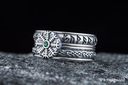 Vikings Helm of Awe Symbol with Runes Ornament and CZ Sterling Silver Viking Ring