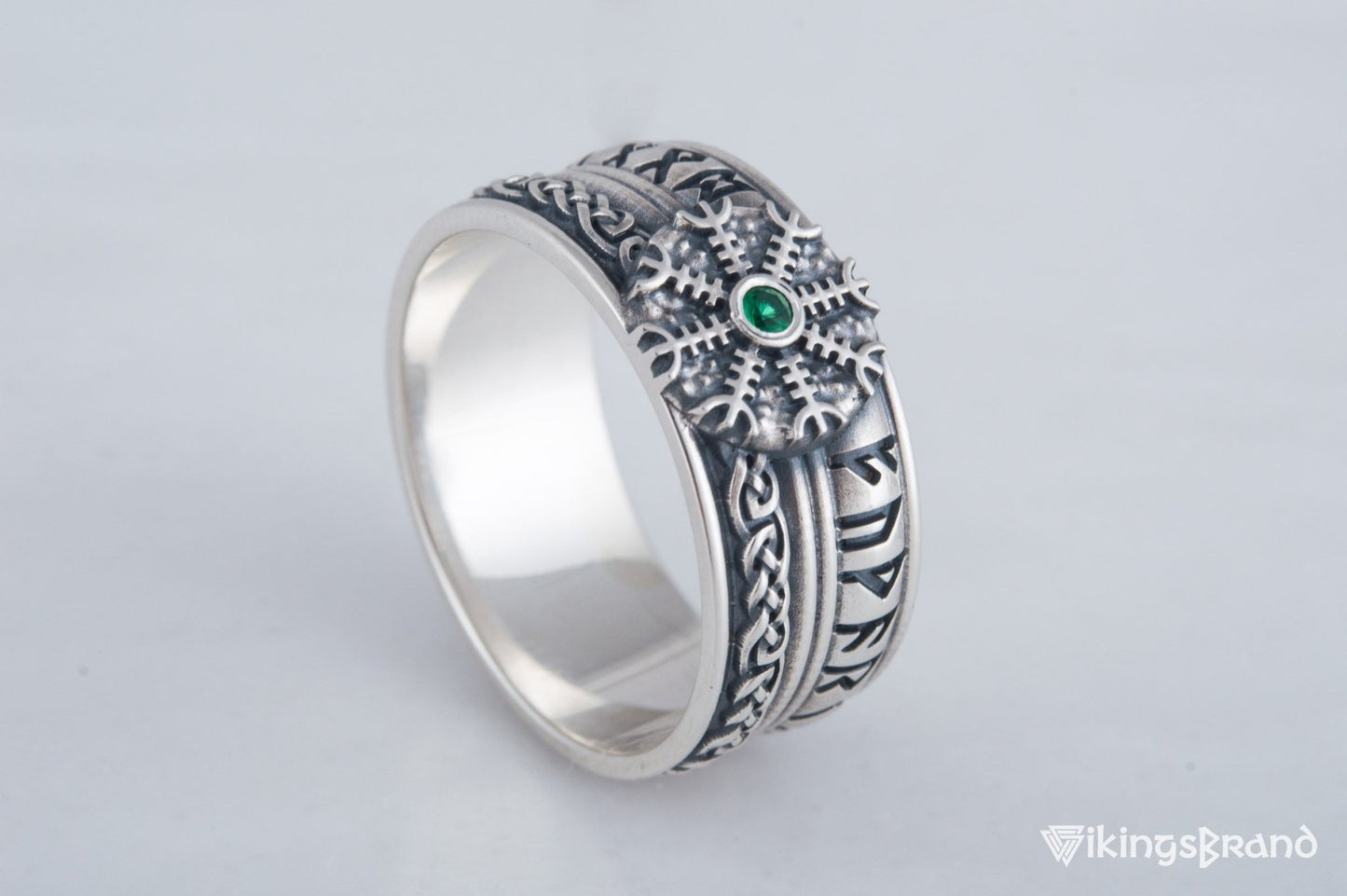 Vikings Helm of Awe Symbol with Runes Ornament and CZ Sterling Silver Viking Ring
