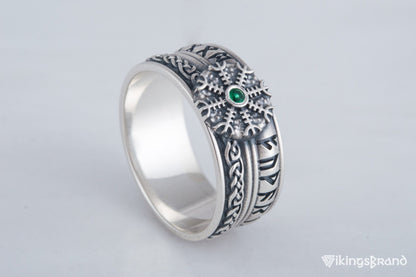 Vikings Helm of Awe Symbol with Runes Ornament and CZ Sterling Silver Viking Ring