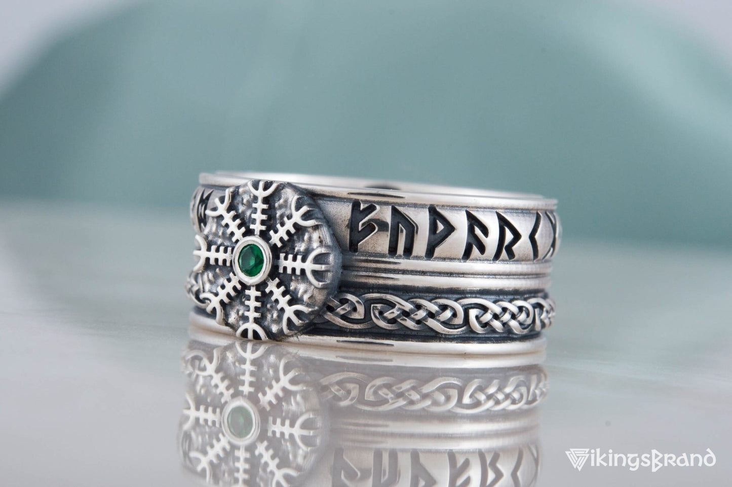 Vikings Helm of Awe Symbol with Runes Ornament and CZ Sterling Silver Viking Ring