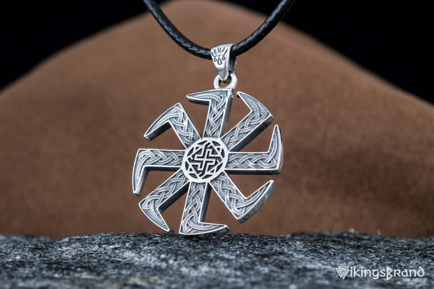 Vikings Kolovrat Pendant with Valkyrie Symbol Sterling Silver Slavic Jewelry