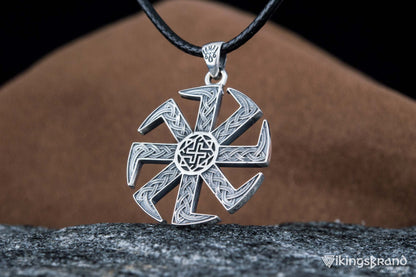 Vikings Kolovrat Pendant with Valkyrie Symbol Sterling Silver Slavic Jewelry