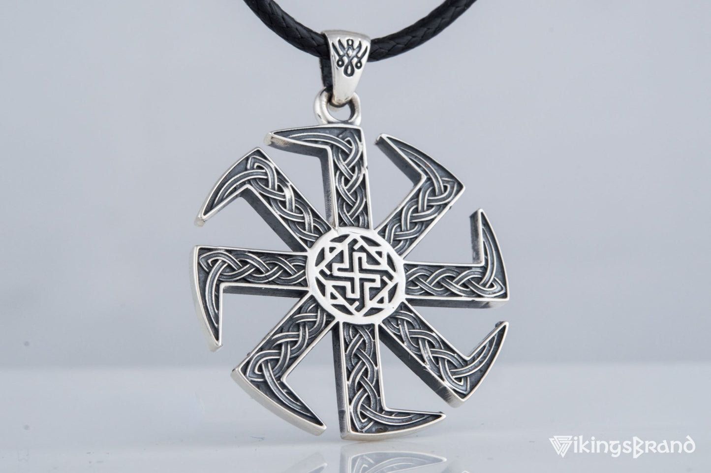 Vikings Kolovrat Pendant with Valkyrie Symbol Sterling Silver Slavic Jewelry