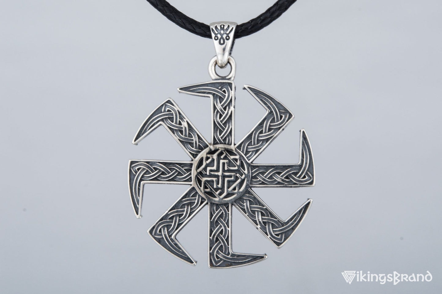 Vikings Kolovrat Pendant with Valkyrie Symbol Sterling Silver Slavic Jewelry