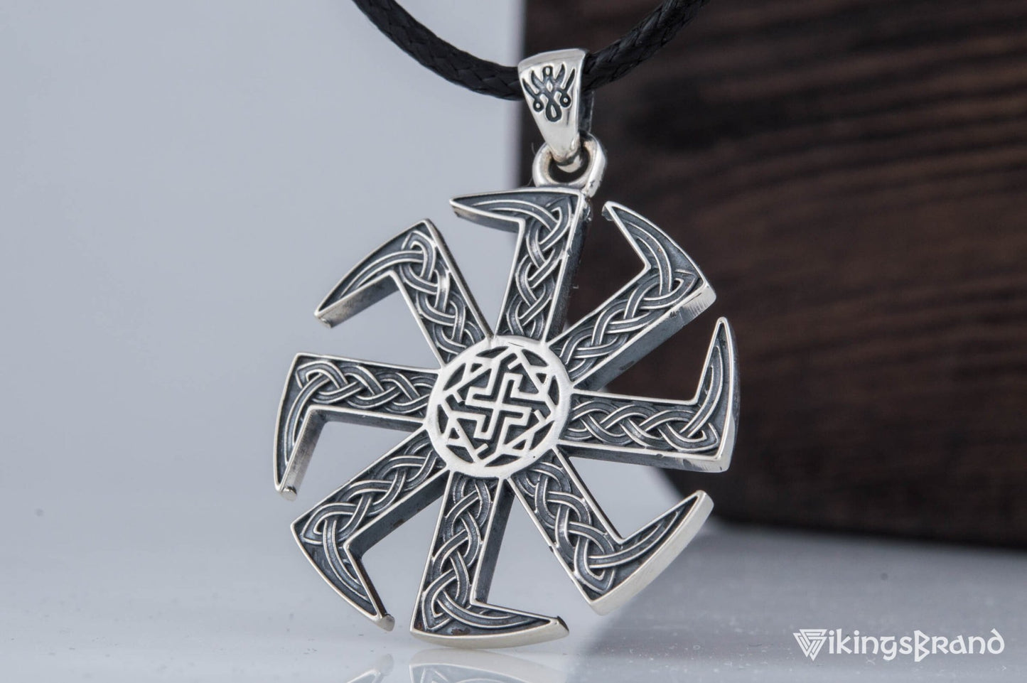 Vikings Kolovrat Pendant with Valkyrie Symbol Sterling Silver Slavic Jewelry