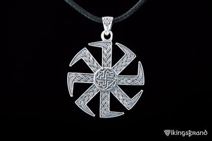 Vikings Kolovrat Pendant with Valkyrie Symbol Sterling Silver Slavic Jewelry