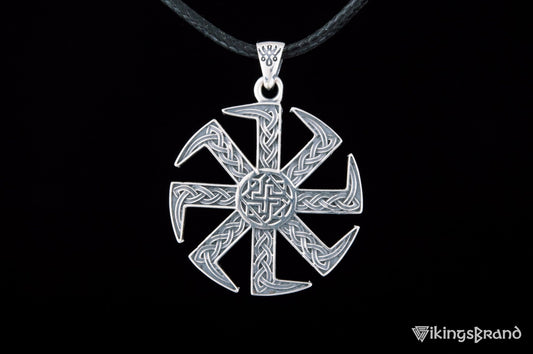 Vikings Kolovrat Pendant with Valkyrie Symbol Sterling Silver Slavic Jewelry