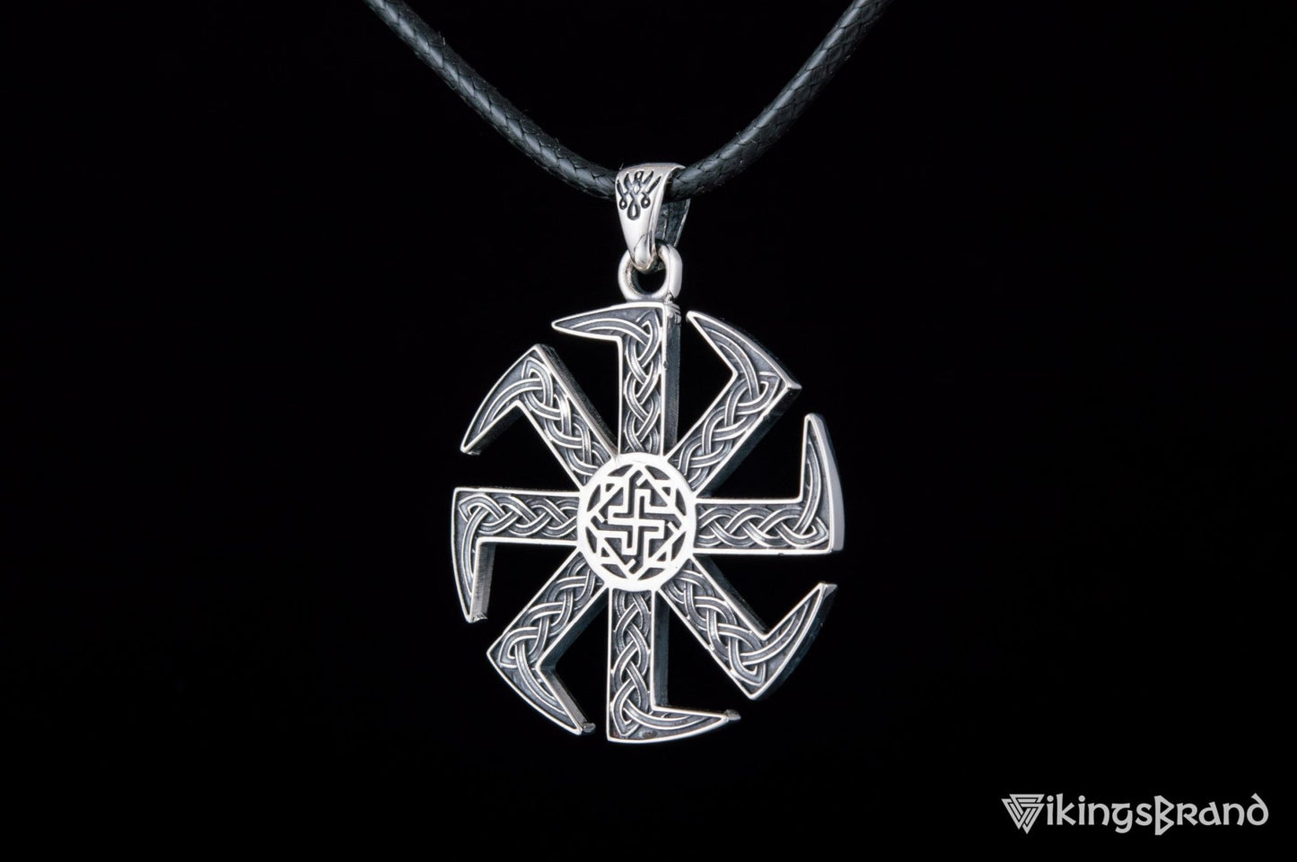 Vikings Kolovrat Pendant with Valkyrie Symbol Sterling Silver Slavic Jewelry