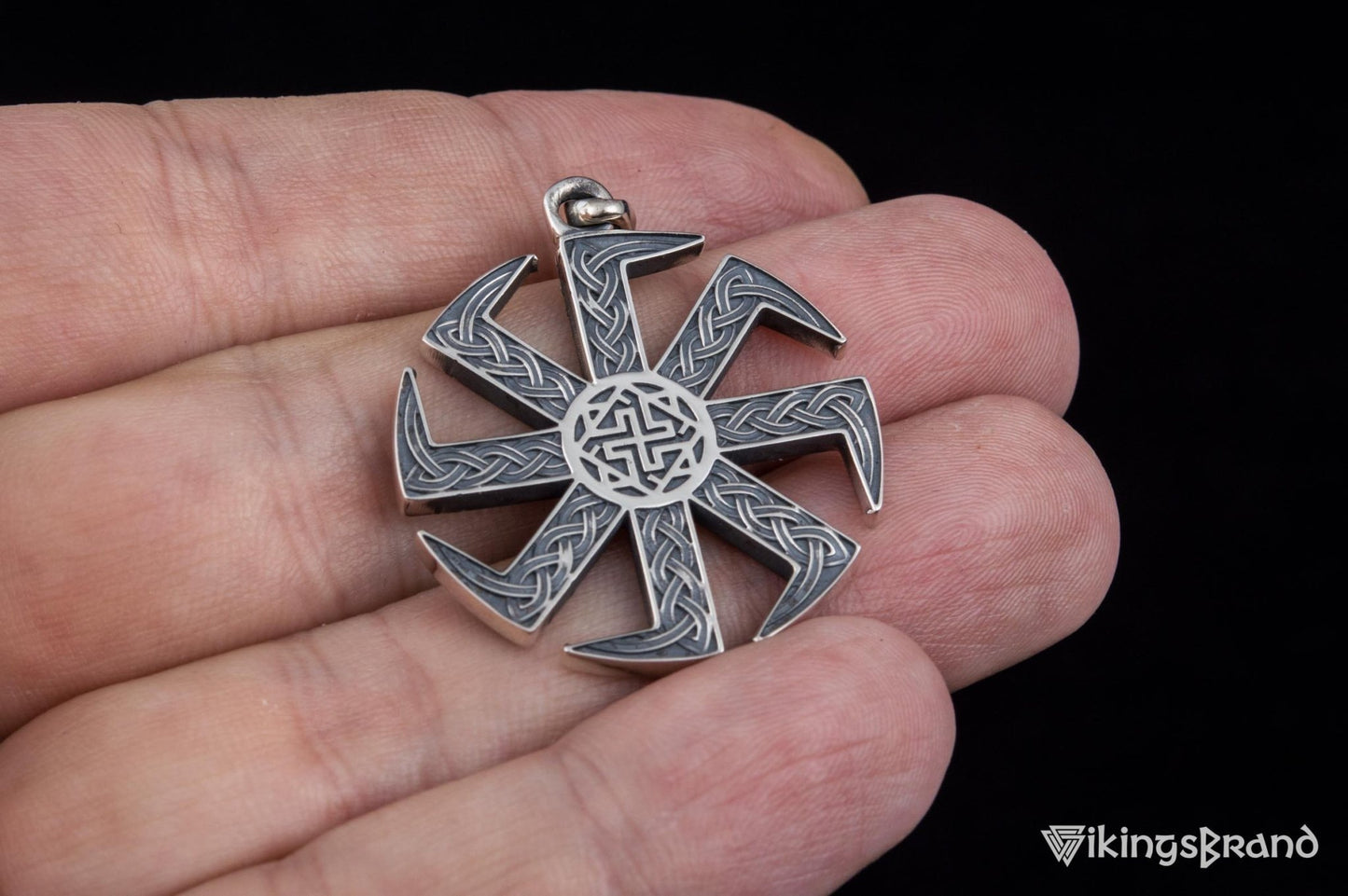 Vikings Kolovrat Pendant with Valkyrie Symbol Sterling Silver Slavic Jewelry