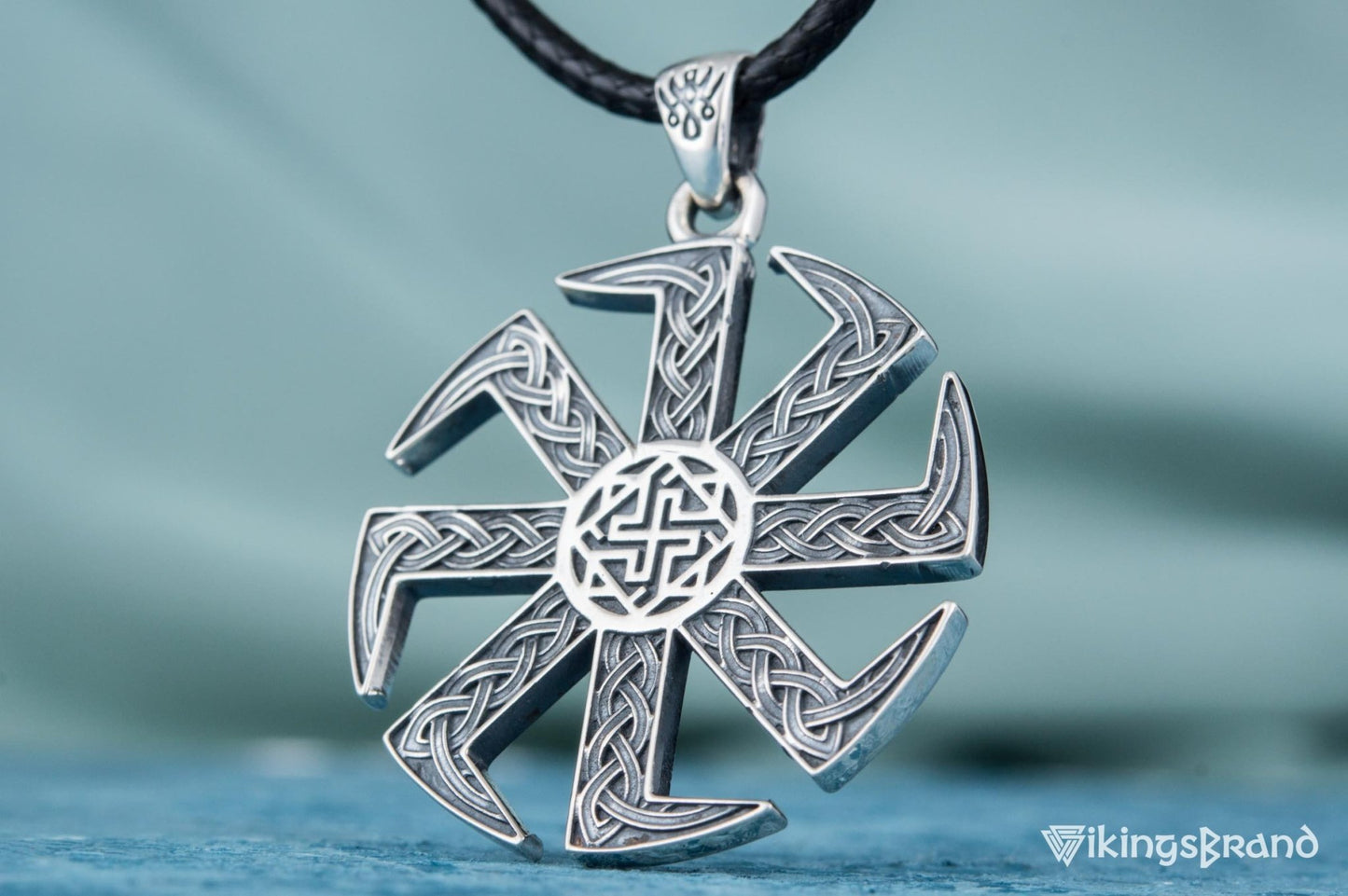 Vikings Kolovrat Pendant with Valkyrie Symbol Sterling Silver Slavic Jewelry