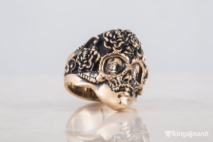 Vikings Mask Ring with Flower Ornament Bronze Unique Handmade Jewelry