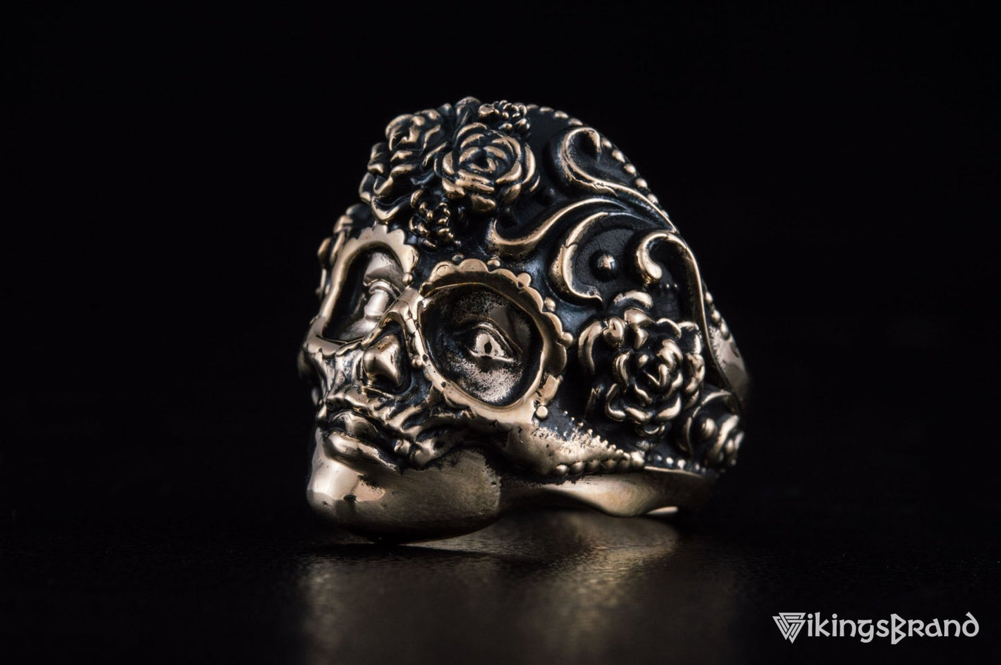 Vikings Mask Ring with Flower Ornament Bronze Unique Handmade Jewelry