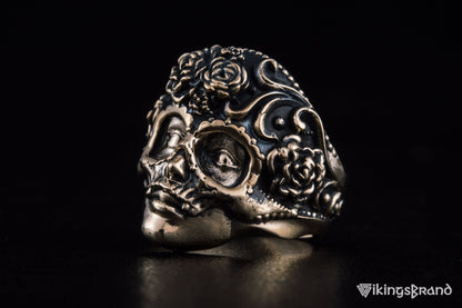 Vikings Mask Ring with Flower Ornament Bronze Unique Handmade Jewelry
