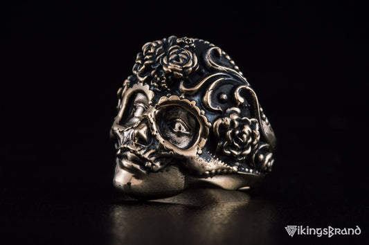 Vikings Mask Ring with Flower Ornament Bronze Unique Handmade Jewelry