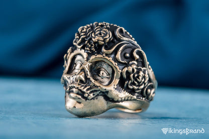 Vikings Mask Ring with Flower Ornament Bronze Unique Handmade Jewelry