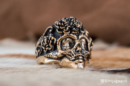 Vikings Mask Ring with Flower Ornament Bronze Unique Handmade Jewelry