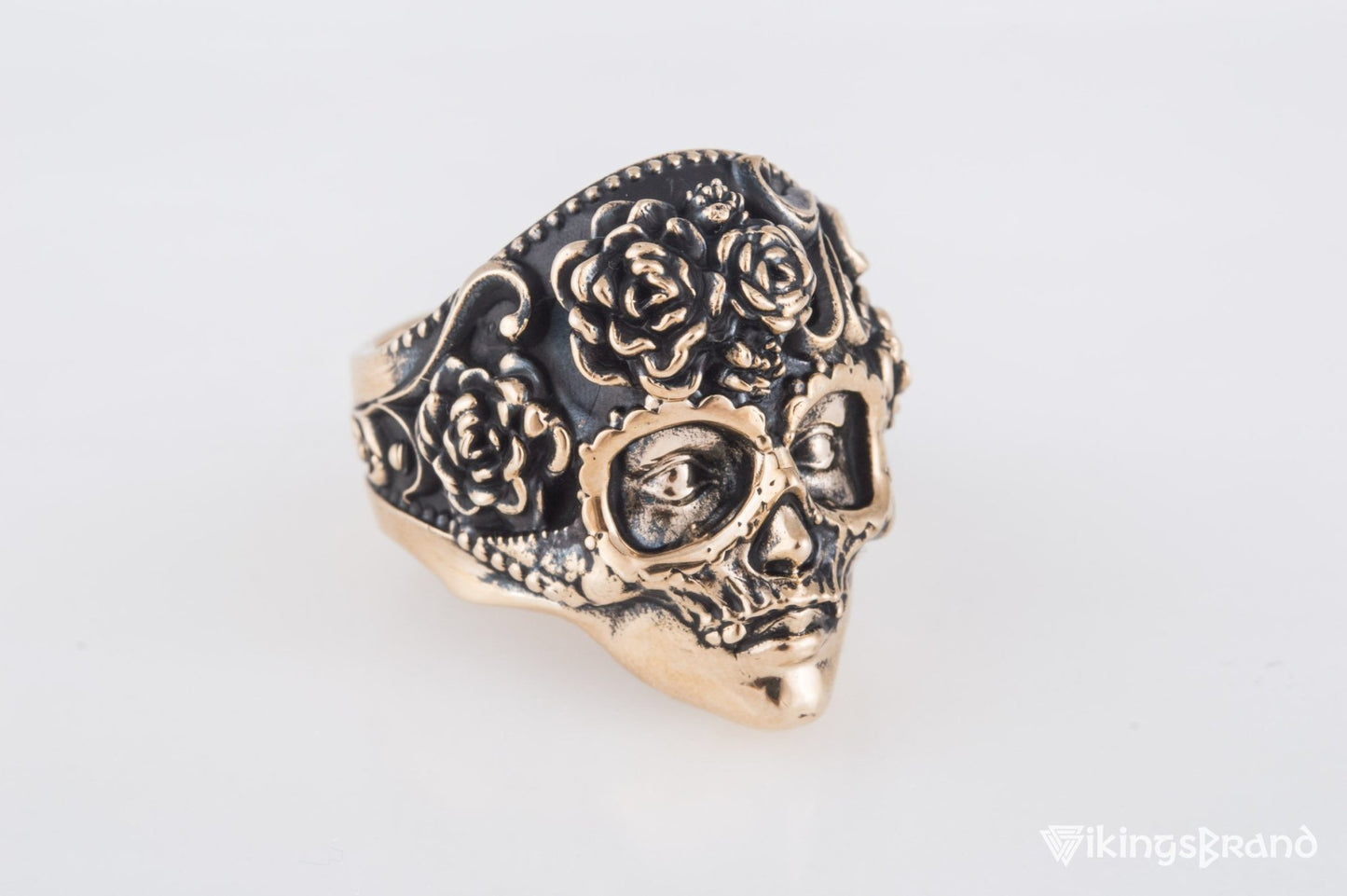 Vikings Mask Ring with Flower Ornament Bronze Unique Handmade Jewelry