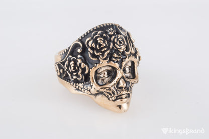 Vikings Mask Ring with Flower Ornament Bronze Unique Handmade Jewelry