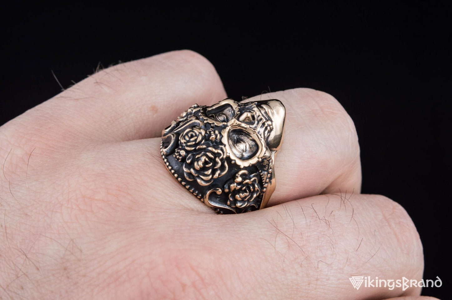 Vikings Mask Ring with Flower Ornament Bronze Unique Handmade Jewelry