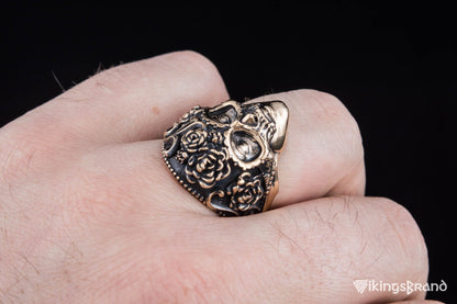 Vikings Mask Ring with Flower Ornament Bronze Unique Handmade Jewelry