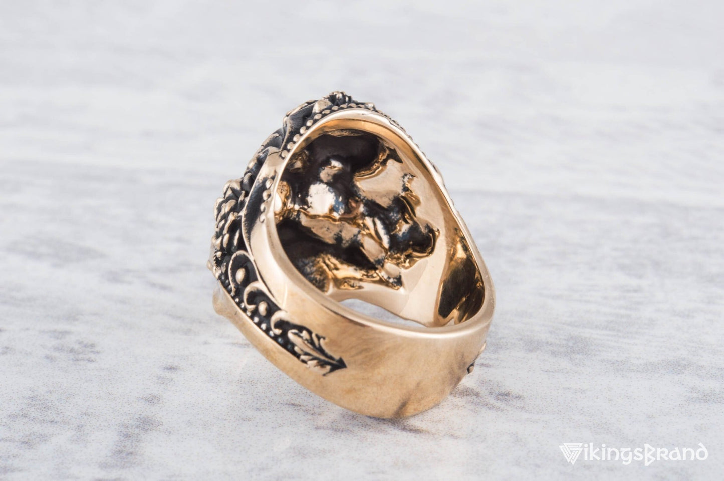 Vikings Mask Ring with Flower Ornament Bronze Unique Handmade Jewelry