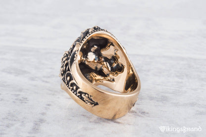 Vikings Mask Ring with Flower Ornament Bronze Unique Handmade Jewelry
