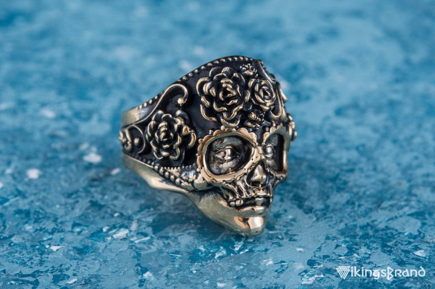 Vikings Mask Ring with Flower Ornament Bronze Unique Handmade Jewelry