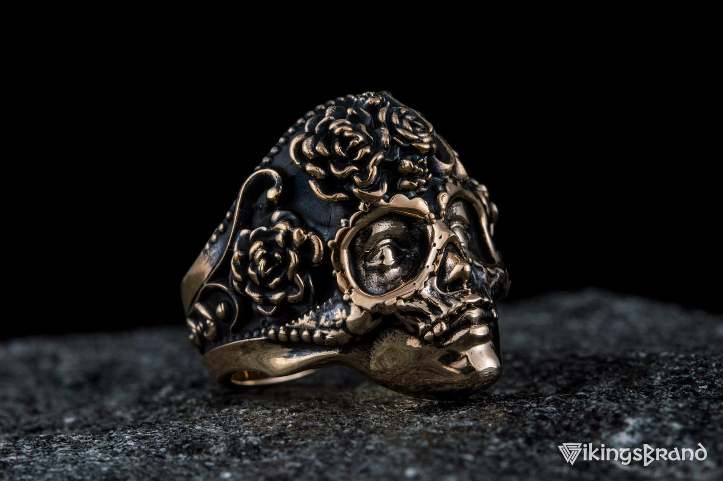 Vikings Mask Ring with Flower Ornament Bronze Unique Handmade Jewelry