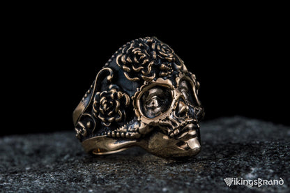 Vikings Mask Ring with Flower Ornament Bronze Unique Handmade Jewelry