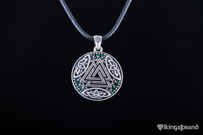 Vikings Norse Pendant with Valknut Symbol and Cubic Zirconia Sterling Silver Handmade Jewelry