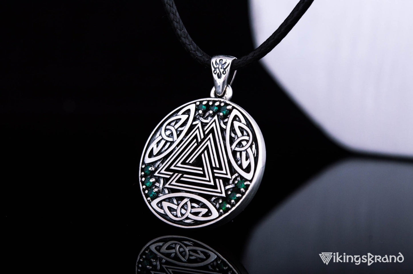 Vikings Norse Pendant with Valknut Symbol and Cubic Zirconia Sterling Silver Handmade Jewelry