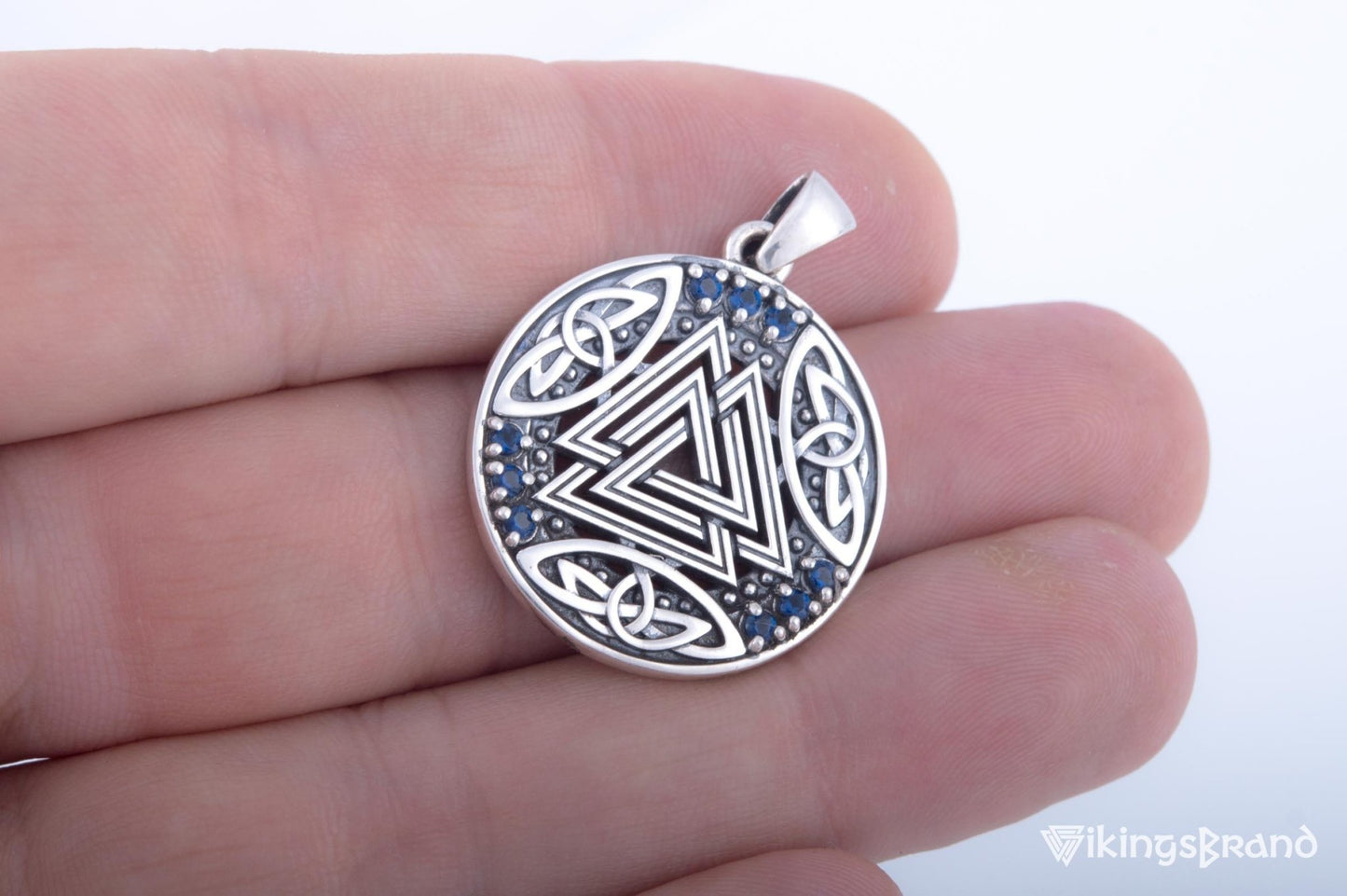 Vikings Norse Pendant with Valknut Symbol and Cubic Zirconia Sterling Silver Handmade Jewelry