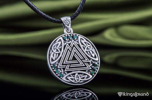 Vikings Norse Pendant with Valknut Symbol and Cubic Zirconia Sterling Silver Handmade Jewelry