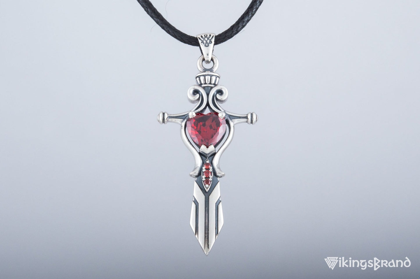 Vikings Norse Sword with Red Cubic Zirconia Pendant Sterling Silver Handmade Jewelry