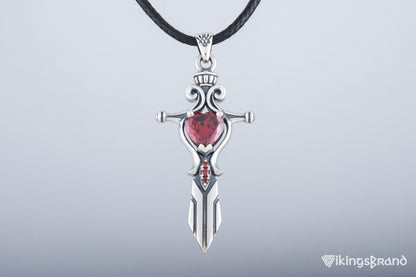 Vikings Norse Sword with Red Cubic Zirconia Pendant Sterling Silver Handmade Jewelry