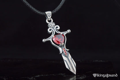 Vikings Norse Sword with Red Cubic Zirconia Pendant Sterling Silver Handmade Jewelry